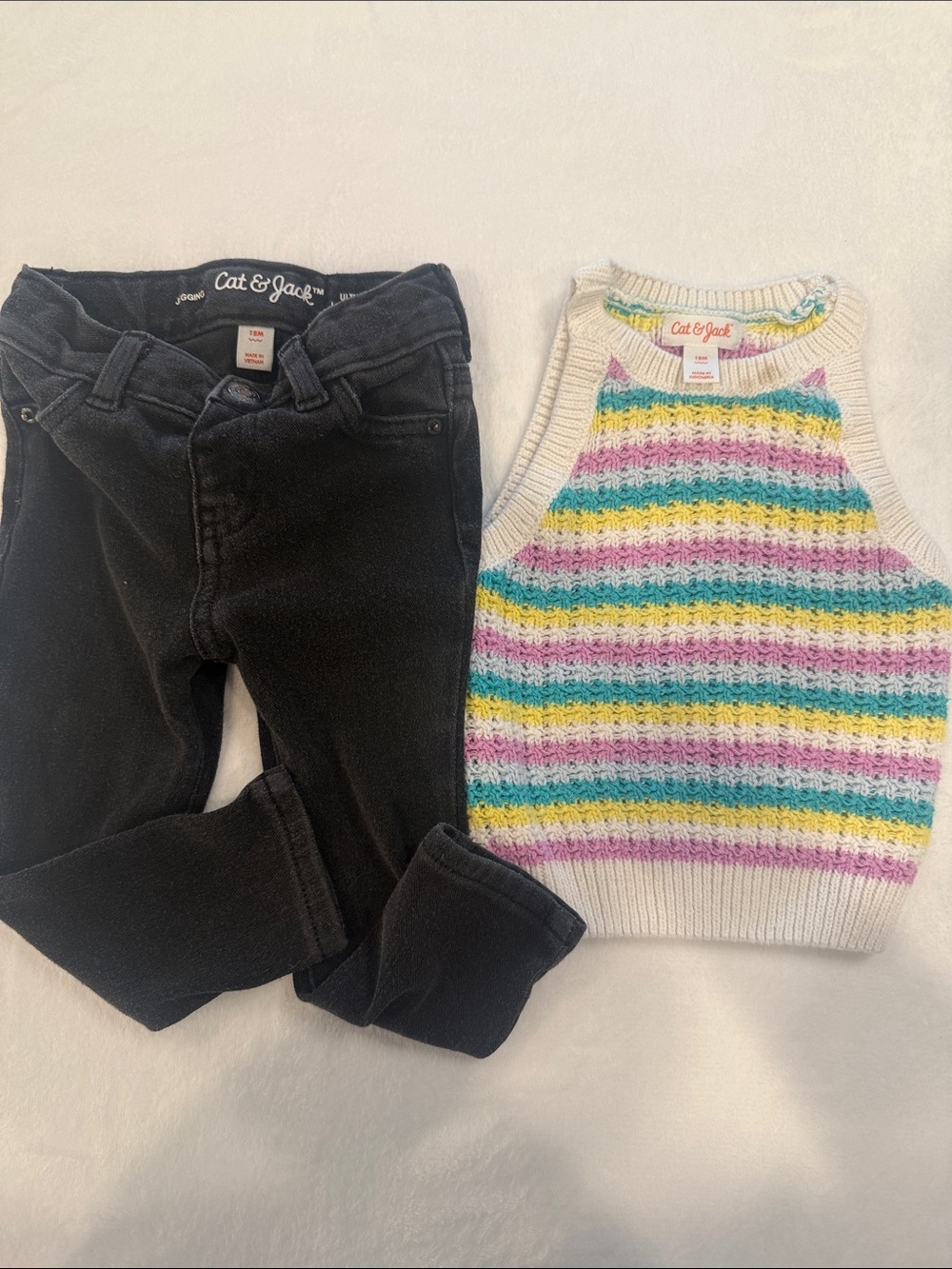 Cat & Jack Black Jeggings and Cream Knit Tank Top with Pastel Rainbow Stripes
